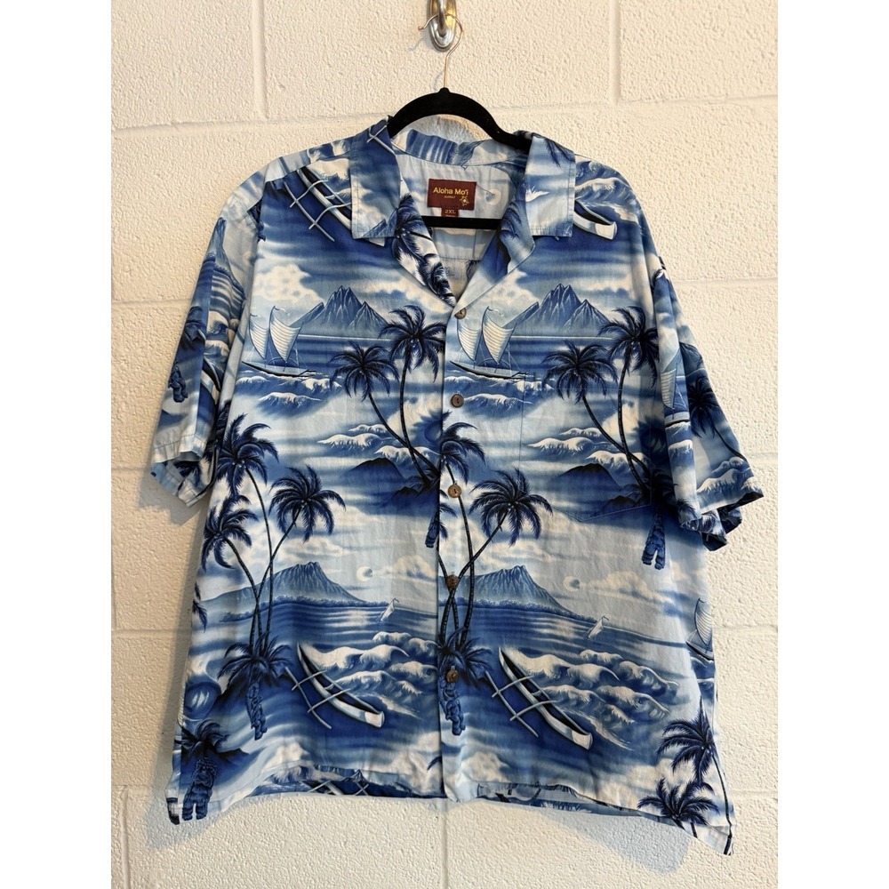 Aloha Moi Hawaii Hawaiian Shirt 2XL Blue Tropical Island Canoe Aloha Made
